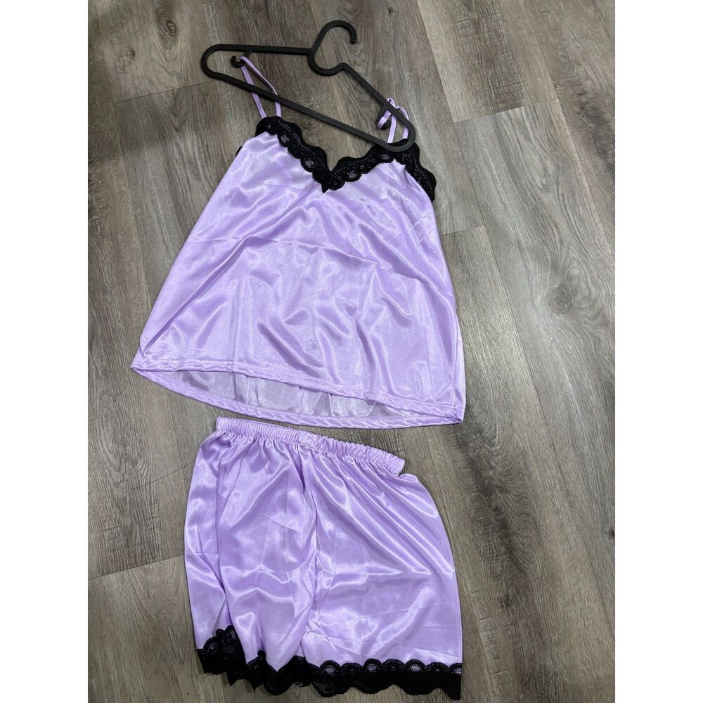 Lavender Satin Bralette & Shorts Set with Black Lace Trim NWT